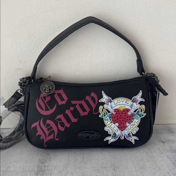 Ed Hardy Black and Red Graphic Rhinestones Shoulder Crossbody Handbag - Picture 1 of 10